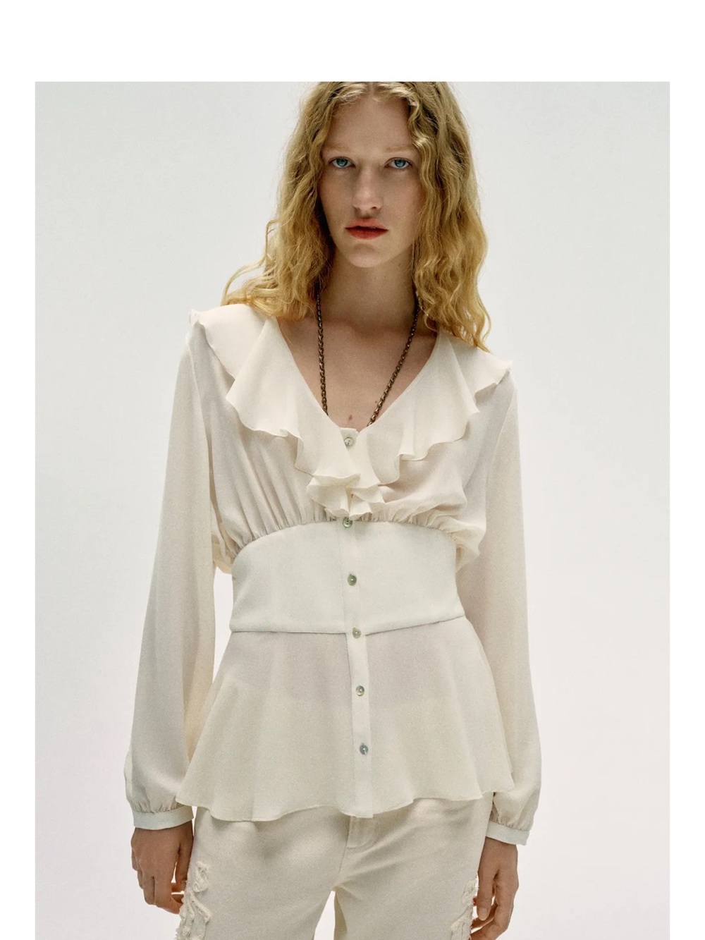 Ruffled V-Neck Zara Blouse in Cream 7813/618/712